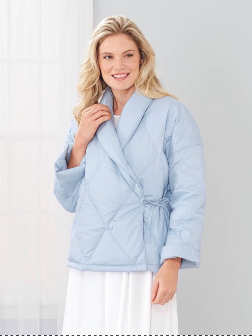 Cuddledown Down-Filled Bed Jacket | Light Blue Quilted Wrap | Size Medium